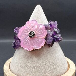 Vintage Amethyst Chip Bracelet Purple Pink Resin Hibiscus Flower Triple Strand